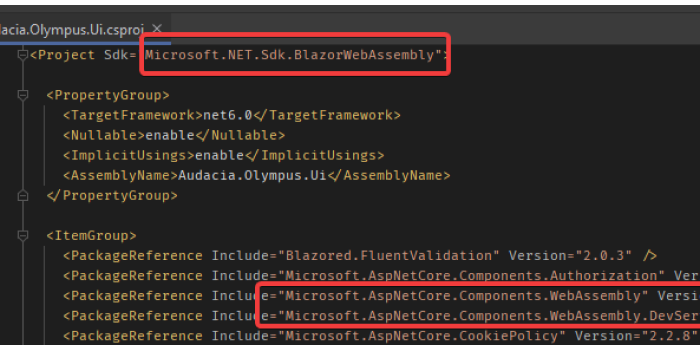 Code sample showing the .csproj being updated to to reference the WebAssembly SDKs